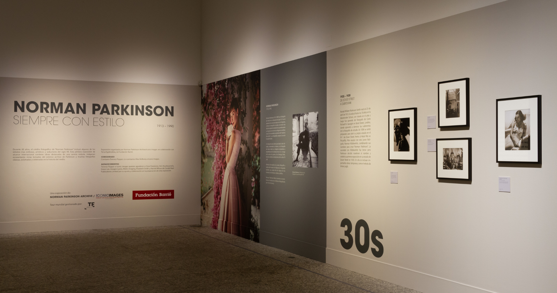 Exhibition entrance: Norman Parkinson: Always in Style — introductory panel and 1930s section