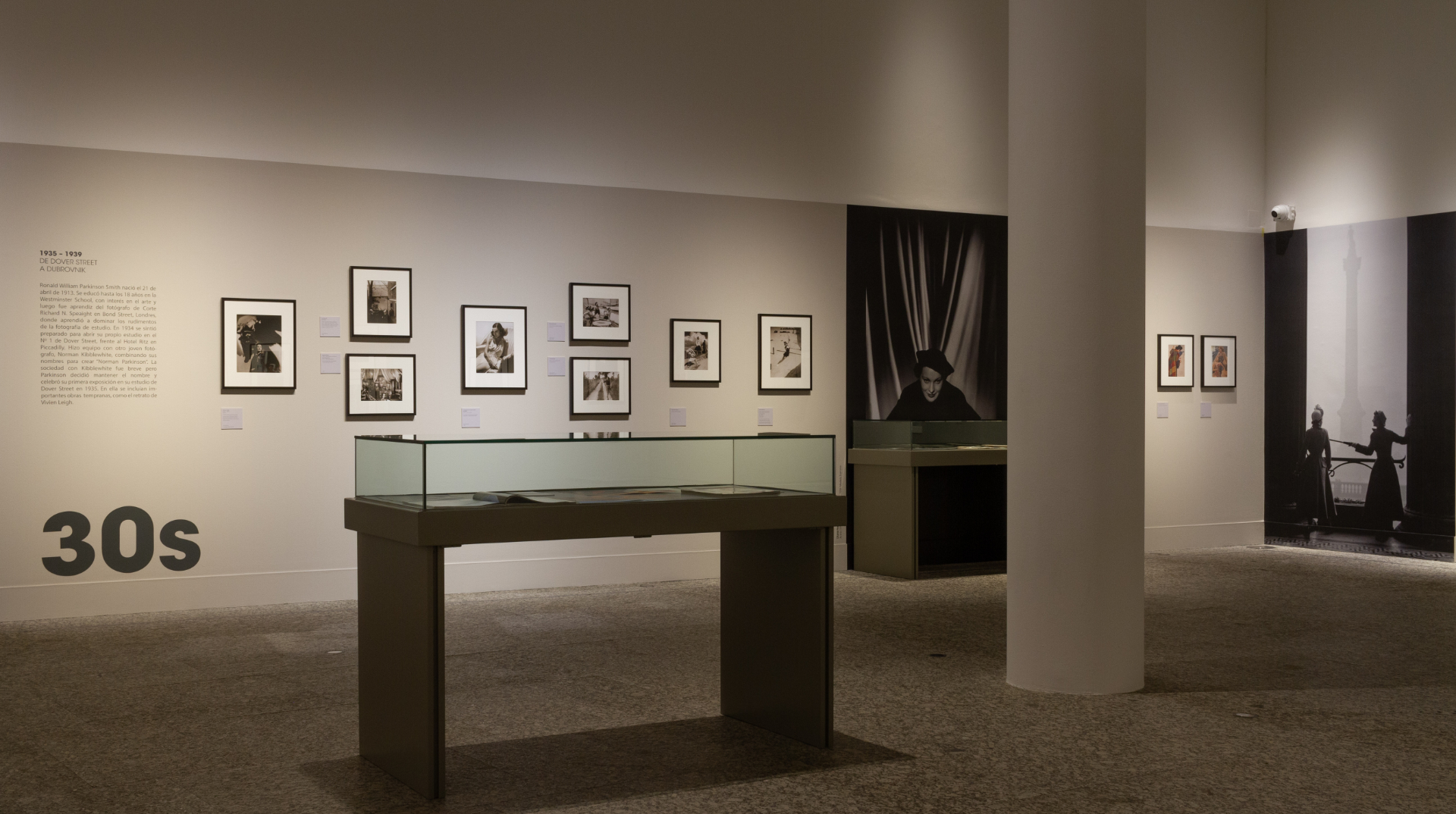 General view of the 1930s section with display cases and columns