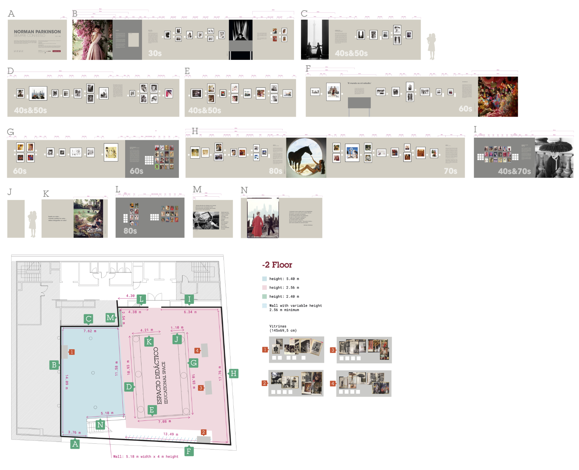 Floor plan with artwork distribution by wall (A–N) and level -2 layout of Fundación Barrié